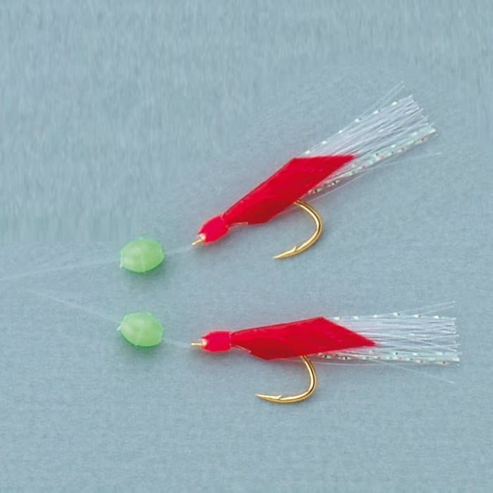 Chicharrera de pesca piel roja con anzuelos dorados y flecos brillantes para spinning y pesca vertical
