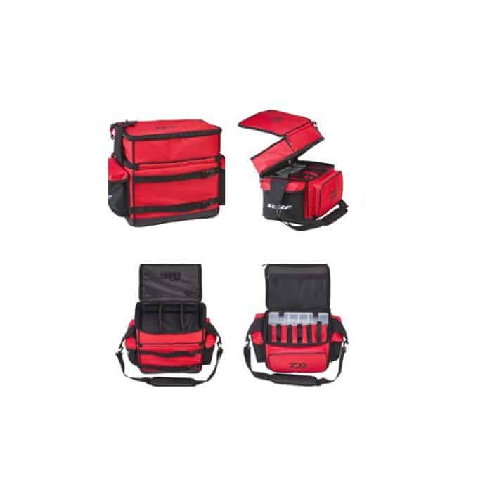 Mochila de surfcasting Daiwa Surf 43L semirrígida con estuches, disponible en Barapesca