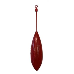 Plomo español pintado de color rojo con varilla y emerillón rolling para surfcasting