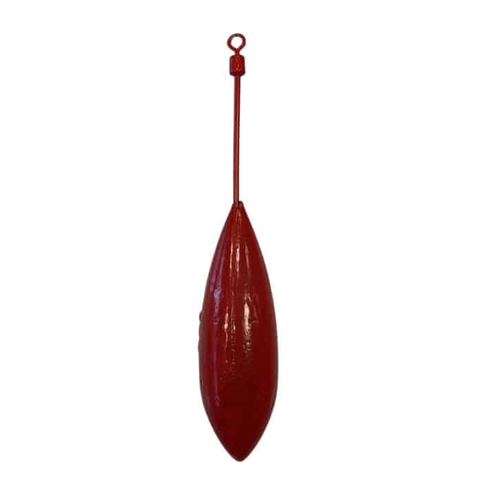 Plomo español pintado de color rojo con varilla y emerillón rolling para surfcasting