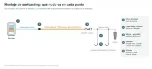 Esquema de un montaje de surfcasting con el nudo de cada punto: bobina, unión de línea madre y cónico, emerillón, gametas y anzuelo